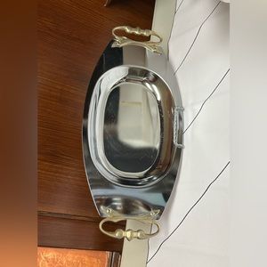 Mid century Kromex serving platter with brass handles.